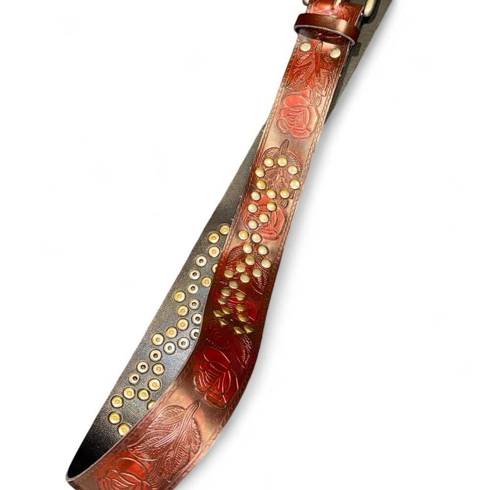 Brown leather belt with floral embroidery and gold studs